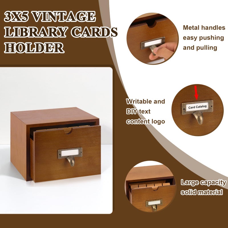 DLUGOPIS 3x5 Index Cards Holder Wood Index Card Organizer Box Flash Card Holder Recipe Cards Holder with Drawer 30 Pcs Vintage Library Cards 5 Kraft Dividers For Gifts Cards Home Office - Image 3