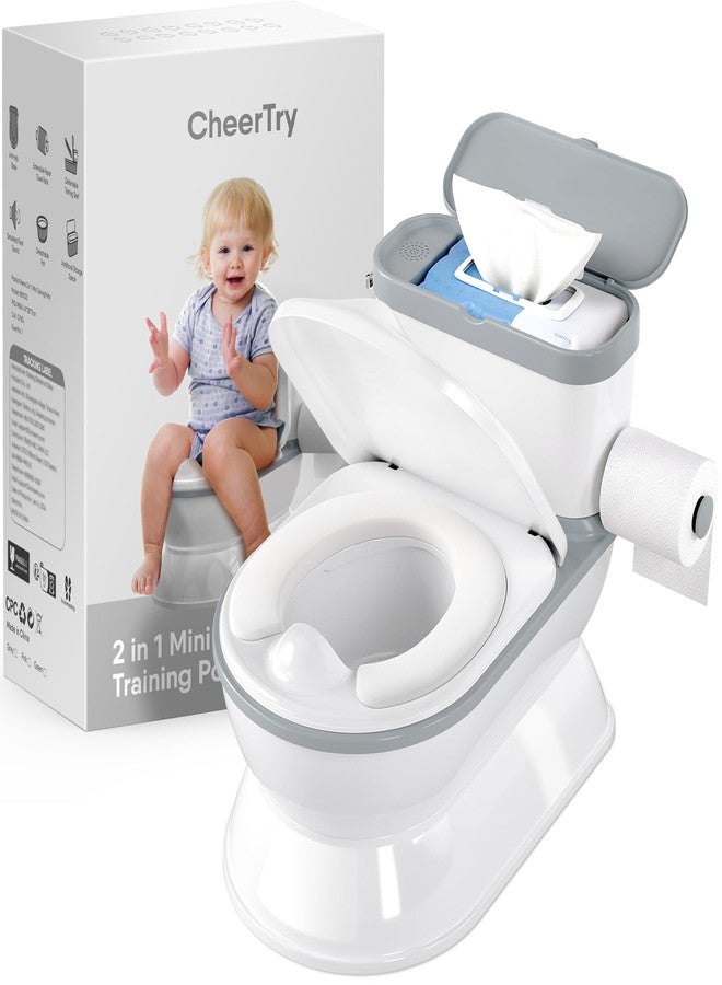 CheerTry 2-in-1 Toddler Potty Training Toilet - Larger Potty Chair & Detachable Training Seat for Boys & Girls Ages 1-3 with Flushing Sound, Wipes Storage, Toilet Paper Holder - Grey - Image 1
