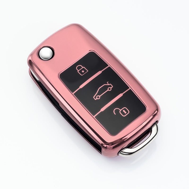 Suitable for Volkswagen key case buckle cover, Langxing new Sagitar, Weiling, Bora, Lavida, Jetta, Polo Tiguan Volkswagen Model A-Folding 3-button [Rose Pink] Single Shell - Image 1