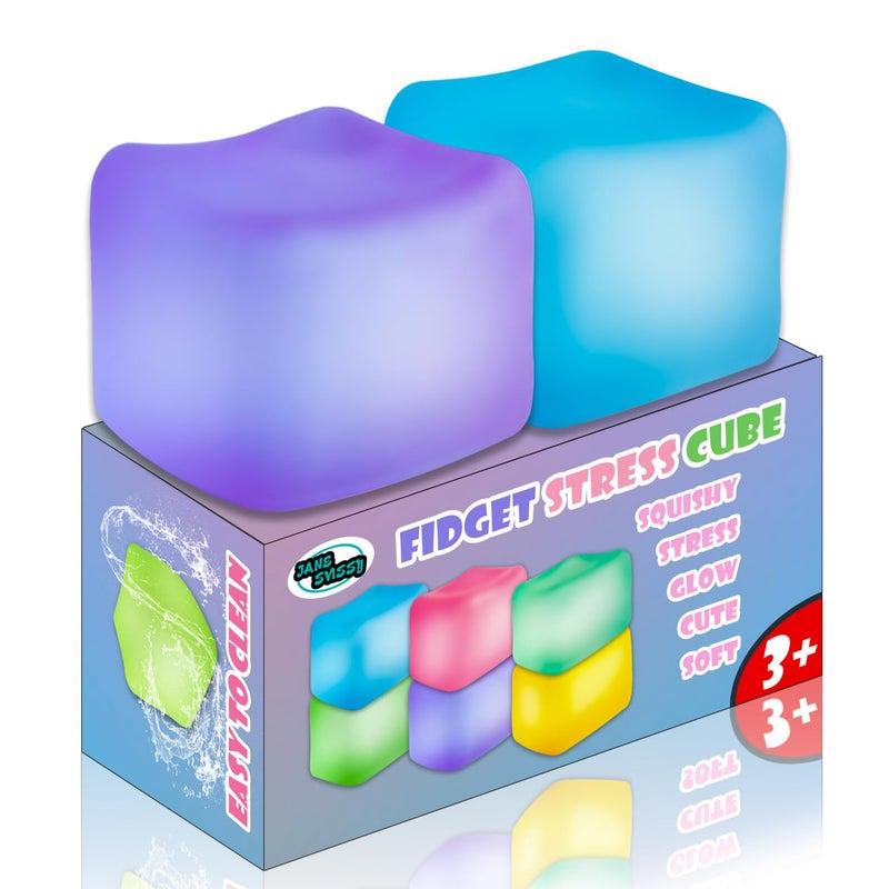 JANESVISSY 2Pcs Stress Cube Glow in The Dark,Fidgets for Teens,Adults, Kids,Super Solid Squishy Toy,Squeeze Toys,Ice Cube,High Density Squeeze Toys,Stocking Stuffers,Cool Things(Purple + Yellow) - Image 1
