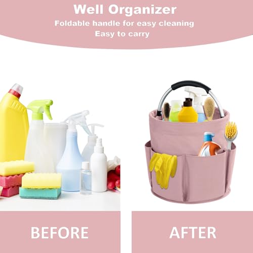 abcmilz 17L Cleaning Caddy with Handle, Cleaning Supplies Organizer, Foldable Storage Basket, Cleaning Supply Caddy, Portable Multi Cleaning Bucket Bag for Home, Garden (Pink) - Image 3
