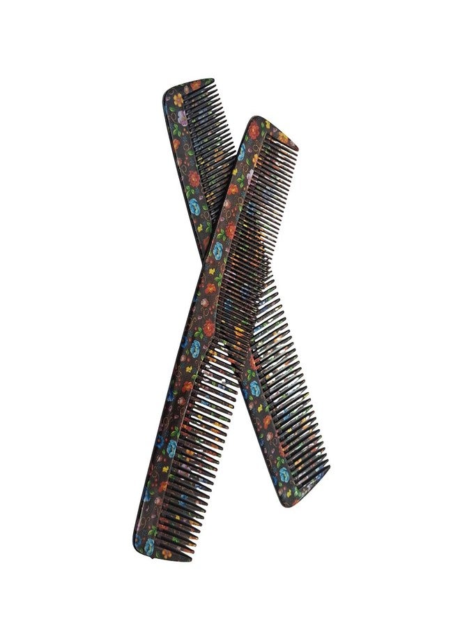 LooKat Floral Print Hair Combs, Wide Tooth Detangling Brush Set, 2 Pack, Black - Image 1