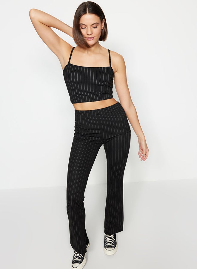 trendyol Black Smart Slit Flare/Spanish Leg High Waist Striped Knitted Leggings Trousers - Image 2