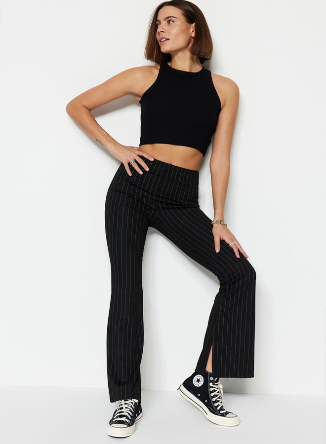 trendyol Black Smart Slit Flare/Spanish Leg High Waist Striped Knitted Leggings Trousers - Image 4