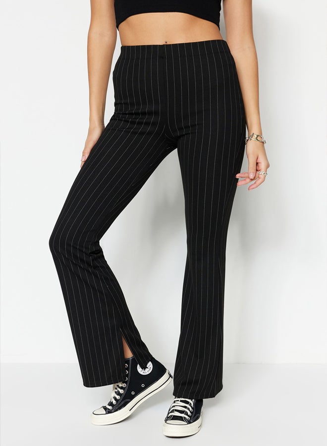 trendyol Black Smart Slit Flare/Spanish Leg High Waist Striped Knitted Leggings Trousers - Image 3