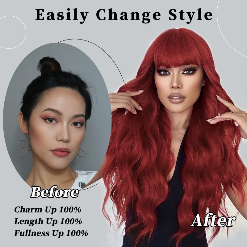 Lativ Red Wig With Bangs Long Red Wigs for Women 26 Inches Curly Wavy Hair Natural Looking Heat Resistant Fiber Wig for Girls Halloween Party Use - Image 4