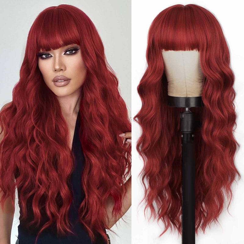 Lativ Red Wig With Bangs Long Red Wigs for Women 26 Inches Curly Wavy Hair Natural Looking Heat Resistant Fiber Wig for Girls Halloween Party Use - Image 1