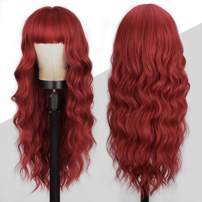 Lativ Red Wig With Bangs Long Red Wigs for Women 26 Inches Curly Wavy Hair Natural Looking Heat Resistant Fiber Wig for Girls Halloween Party Use - Image 3