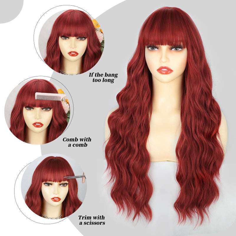 Lativ Red Wig With Bangs Long Red Wigs for Women 26 Inches Curly Wavy Hair Natural Looking Heat Resistant Fiber Wig for Girls Halloween Party Use - Image 5