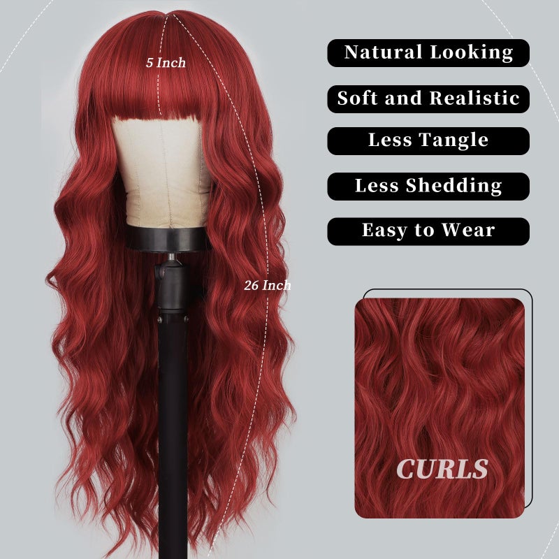 Lativ Red Wig With Bangs Long Red Wigs for Women 26 Inches Curly Wavy Hair Natural Looking Heat Resistant Fiber Wig for Girls Halloween Party Use - Image 2