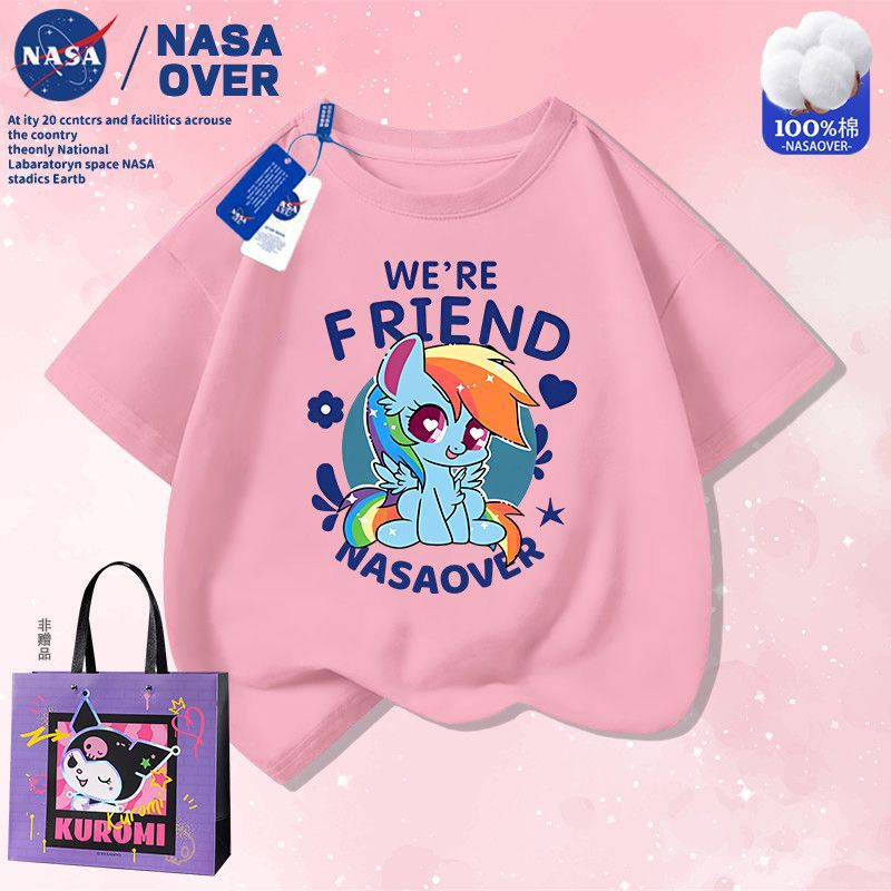 Nasa Co-Branded Cute Colorfulful Pony Printed Short-Sleeved Medium And Large Children'S Summer Cartoon Cotton T-Shirt Baby Girl Half-Sleeved Outfit - Image 1