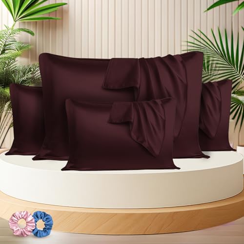 SITTELLA® 72x46 cm Set of 4 Satin Silk Pillow Covers | 600 TC Soft Pillowcase for Hair & Skin | Envelope Closure | Brown |2 Free Scrunchie Included - Image 1