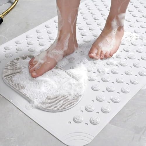 JUGTE Anti Skid Mat for Bathroom Floor Shower mats for Bathroom Anti Slip with Foot Scrubber Bath mat Anti Slip with Suction Cups & Drain Holes (70x35 Cm) (White) - Image 2