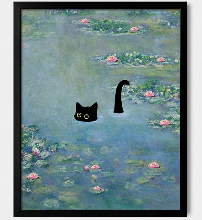 Hamduker Cat Wall Art Monet Prints Vintage Canvas Wall Art Funny Cat in Water Lilies Posters for Room Bedroom Living Room Bathroom Wall Decor Aesthetic Size 8x10x1pcs