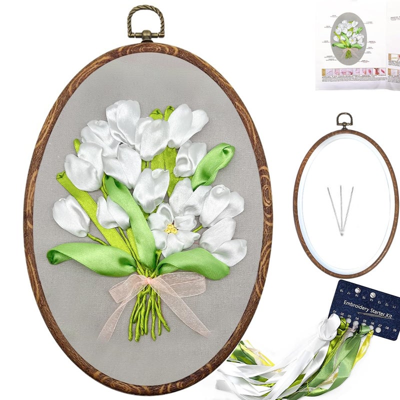 FONNUY Ribbon Embroidery 3D Flowers Pattern Design Kit Embroidery DIY Handwork Set Oval Home Decoration White Tulip - Image 3