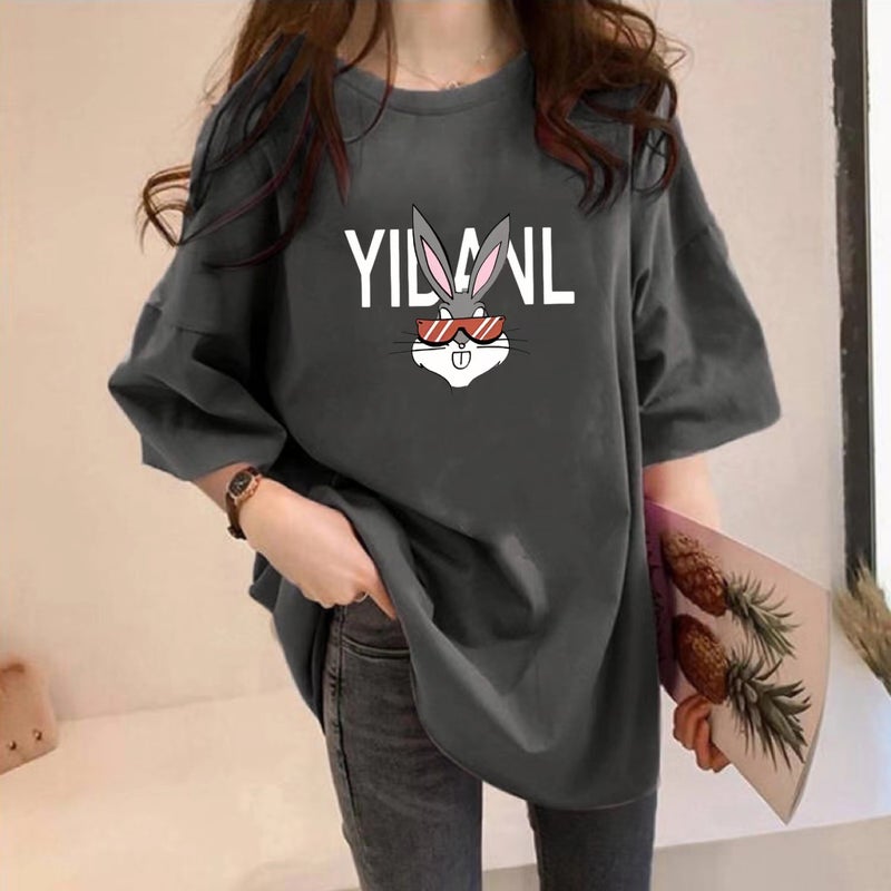 Large Edition Chubby Girls Short-sleeved T-shirt Women's New Summer Korean-style Loose Mid-length Round Neck Rabbit Printed Half-sleeved Top - Image 2