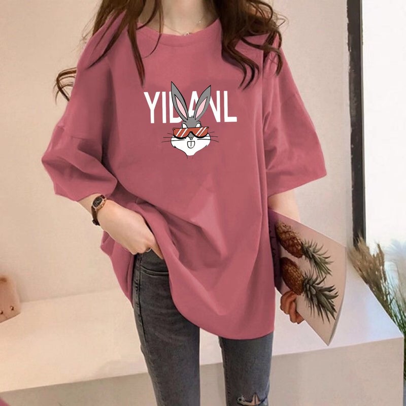 Large Edition Chubby Girls Short-sleeved T-shirt Women's New Summer Korean-style Loose Mid-length Round Neck Rabbit Printed Half-sleeved Top - Image 4