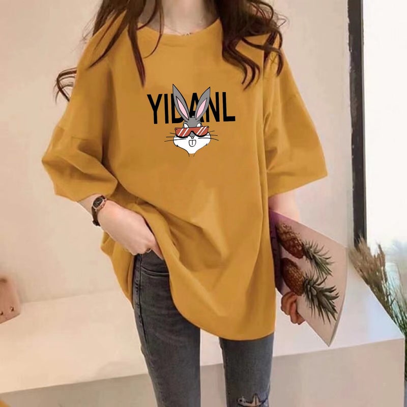 Large Edition Chubby Girls Short-sleeved T-shirt Women's New Summer Korean-style Loose Mid-length Round Neck Rabbit Printed Half-sleeved Top - Image 5