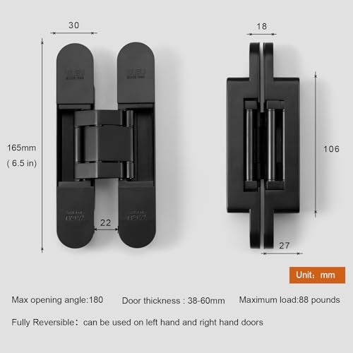 YAGU 6.5 inch Hidden Door Hinge 3 Way Adjustable Invisible Hinges for Doors Zinc Alloy Secret Door Hinges Concealed Door Butt Hinge 180 Degree Swing Black Door Hinge 1PC - Image 3