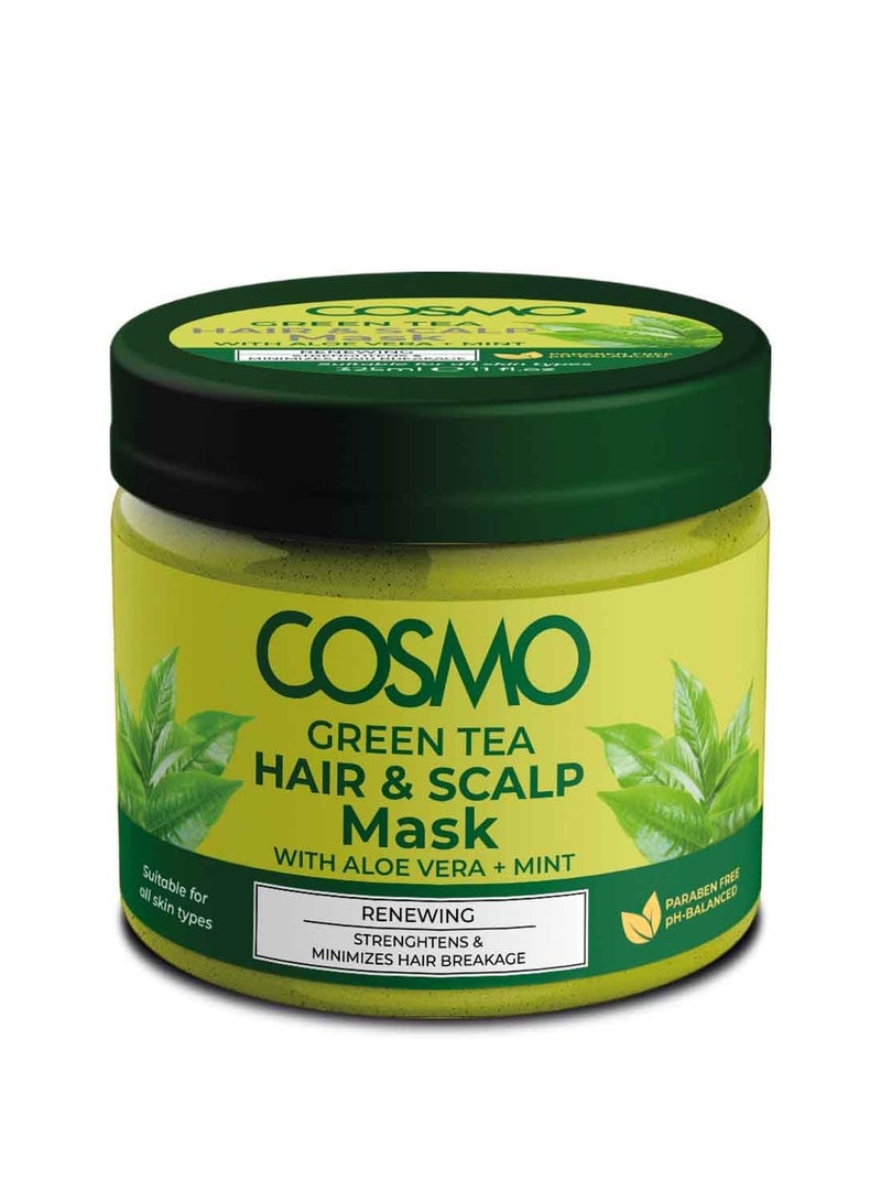 COSMO قناع شعر وفروة الرأس من شاي أخضر كوزمو 325 مل، مع صبار + نعناع، متجدد، يقوي ويقلل من تكسر الشعر