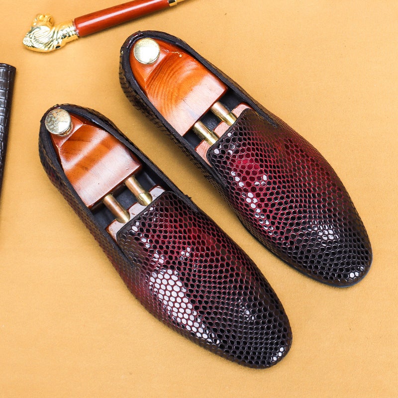 Genuine Leather Mens Casual Loafers Snake Pattern Snake Red