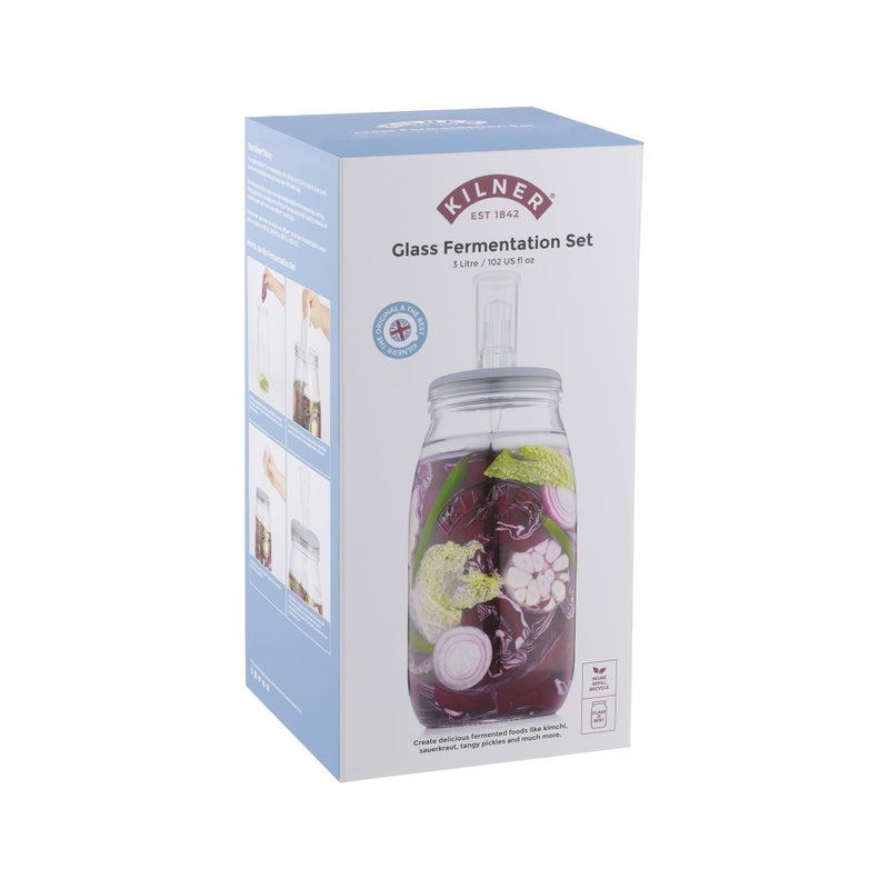 Kilner طقم تخمير كيلنر 6 قطع يتضمن جرة زجاجية سعة 3 لترات غطاء خشبي قفل هواء وسدادة حجارة خزفية وكتيب وصفات للتخليل في المنزل 3ل - Image 2