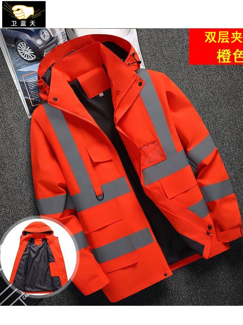 Fluorescent Green Reflective Hooded Cotton Jacket, Winter Warm Multi-Pocket Corduroy Cotton Coat, Thickened Oxford Cloth Waterproof Jacket - Image 2