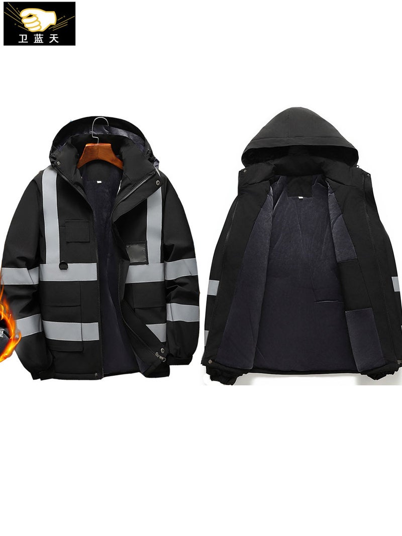 Fluorescent Green Reflective Hooded Cotton Jacket, Winter Warm Multi-Pocket Corduroy Cotton Coat, Thickened Oxford Cloth Waterproof Jacket - Image 3