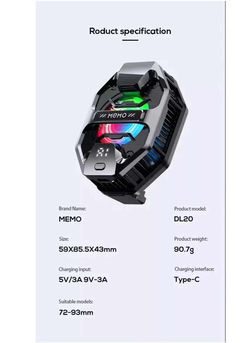 Memo MEMO DL20 Phone Cooler for Gaming – Ultra-Fast Cooling Radiator with RGB Lighting, Real-Time Temperature Display, Silent Operation, Clip-On Design, USB Powered Mobile Phone Cooler for PUBG, Free Fire, COD, Compatible with Android & iOS Devices - Image 3