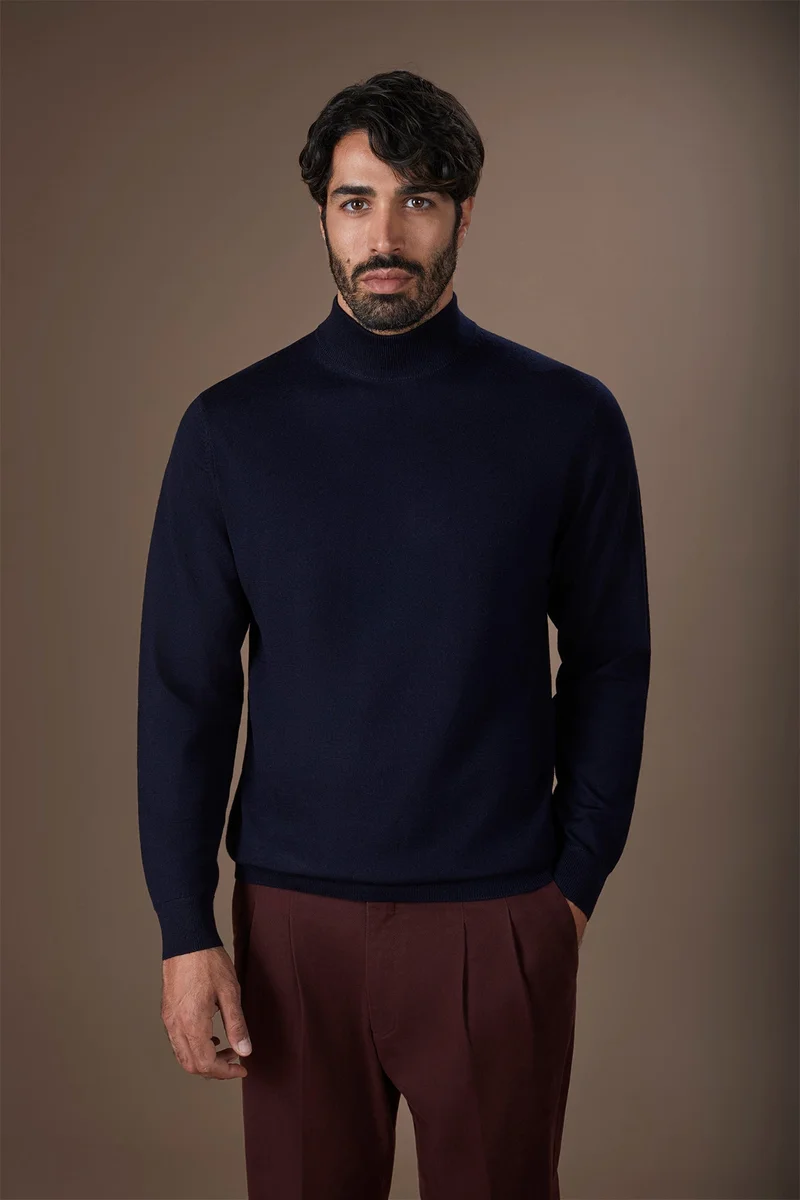 دوبل غانغر Men's 100% merino wool turtleneck jumper regular fit - DK Blue