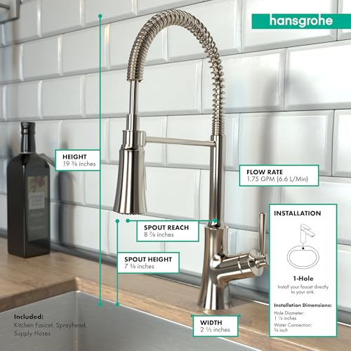 hansgrohe Joleena Brushed Nickel Commercial Kitchen Faucet, Kitchen Faucets with Pull Down Sprayer, Faucet for Kitchen Sink, Polished Nickel 04792830 19.3-Inches Tall - Image 4