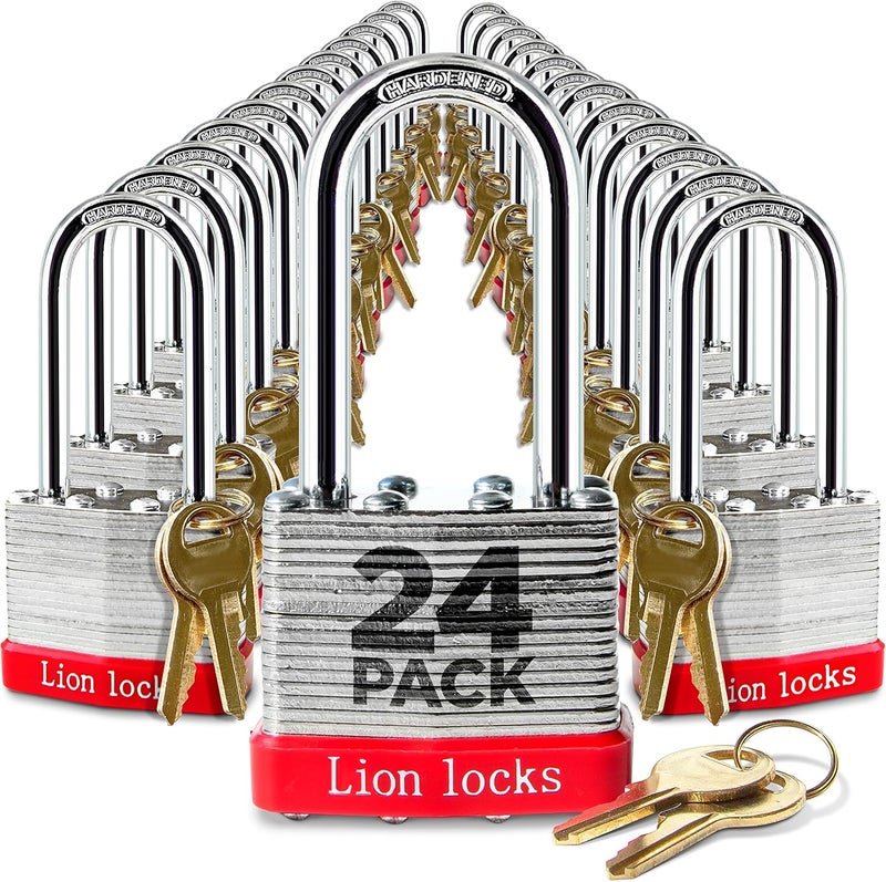 Lion Locks 24 Keyed Alike Padlocks with 2" Long Shackle, 48 Keys - Padlocks for Outdoor Use, Locks with Keys, Hardened Steel Case, Pick Resistant Brass Pin Cylinder for Hasp Latch, Locker, Gate - Image 1