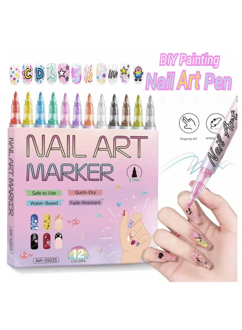 Mordely Nail Art Pens Set, 12 Colours 0.7mm Fine Tip Nail Design Pens for Line Drawing, Shading & Colouring, Smooth Flow Detail Pens for DIY Manicure Nail Decoration - Image 3