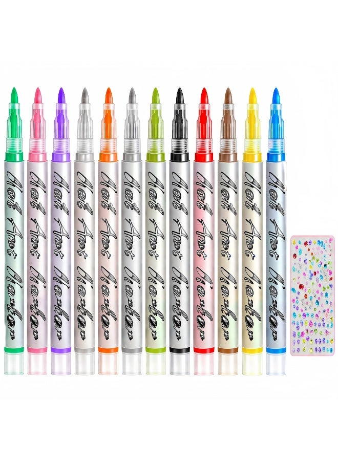 Mordely Nail Art Pens Set, 12 Colours 0.7mm Fine Tip Nail Design Pens for Line Drawing, Shading & Colouring, Smooth Flow Detail Pens for DIY Manicure Nail Decoration - Image 1