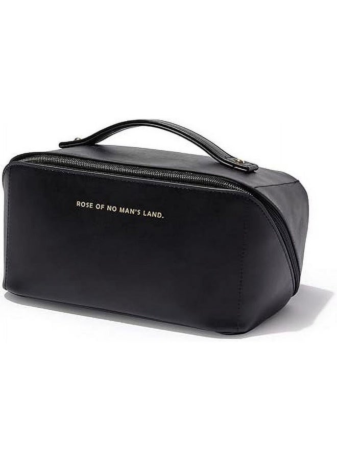 Shein Travel Makeup Bag,Large Capacity Cosmetic Bags for Women,Waterproof Portable Pouch Open Flat Toiletry Bag Make up Organizer with Divider and Handle Black - Image 2