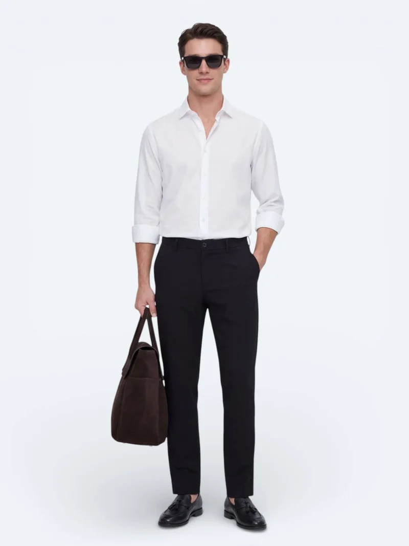 Kip White Plain Regular Fit Long Weaving Casual Shirt