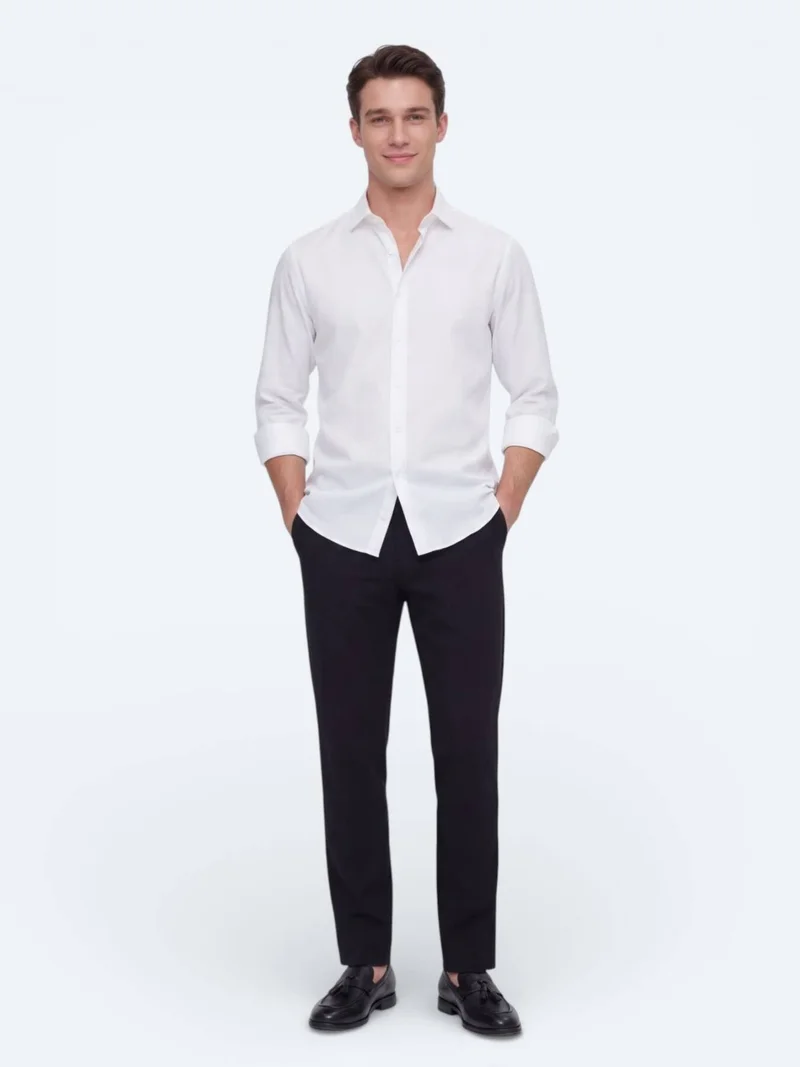 Kip White Plain Regular Fit Long Weaving Casual Shirt