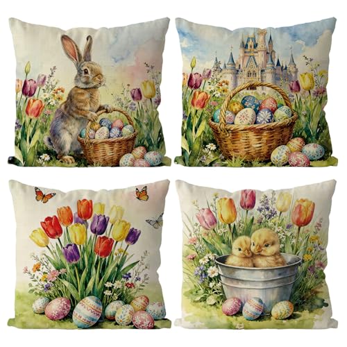 GAGEC Easter Pillow Covers 18x18 Inch Set of 4 Easter Decorations Tulip Decor Egg Chicken Bunny Throw Pillowcase for Holiday Spring Farmhouse Sofa Couch Bedroom Living Room Decorations - Image 1