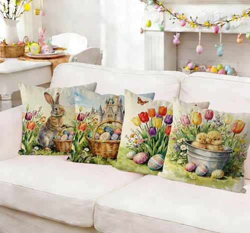 GAGEC Easter Pillow Covers 18x18 Inch Set of 4 Easter Decorations Tulip Decor Egg Chicken Bunny Throw Pillowcase for Holiday Spring Farmhouse Sofa Couch Bedroom Living Room Decorations - Image 3
