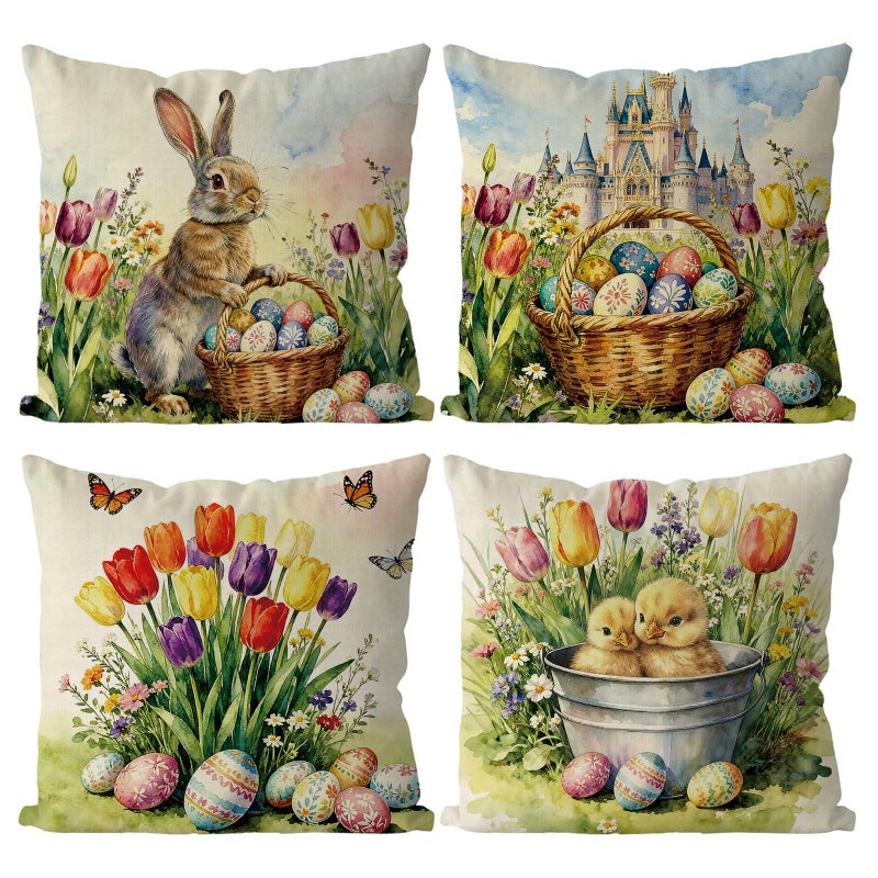GAGEC Easter Pillow Covers 18x18 Inch Set of 4 Easter Decorations Tulip Decor Egg Chicken Bunny Throw Pillowcase for Holiday Spring Farmhouse Sofa Couch Bedroom Living Room Decorations - Image 2