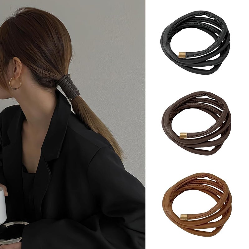 Generic 3 Pcs Leather Ponytail Braid Hair Ties Leather Spiral Lock Bendable Wire Hair Tie Wrap Ponytail Braid Holders Hairbands Rope Ponytail Decor Hair Styling Accessories for Women 