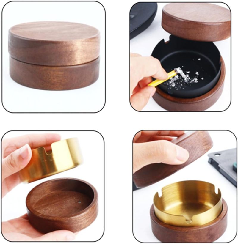 Wooden Ashtray With Lid: 2pcs Walnut Wood & Stainless Steel - Windproof Odor-containing Detachable Design for Home Office Outdoor Bar - Image 4