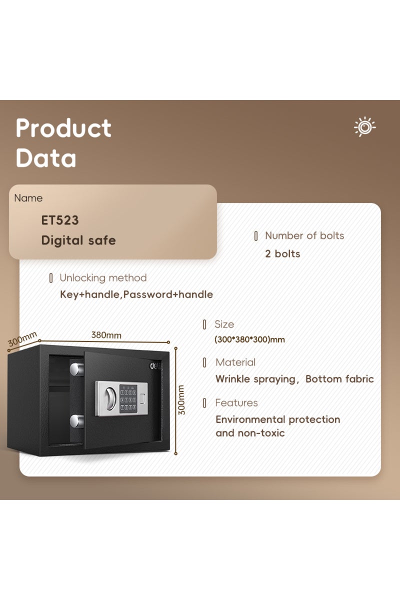 Deli Electronic Digital  Safe Box, (30x38x30m), Steel Security Safe with Digital Lock, 9kg ET523 Black - Image 2