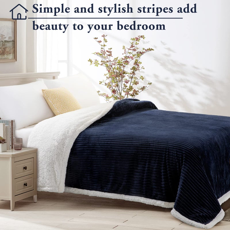 LBRO2M LBRO2M Striped Sherpa Fleece Bed Blanket Twin Size  Super Soft Fuzzy Plush Warm Cozy Fluffy Microfiber Couch Throw Velvet Double Reversible Luxurious Blankets (65x90) Navy Blue  - Image 2