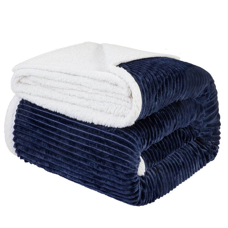 LBRO2M LBRO2M Striped Sherpa Fleece Bed Blanket Twin Size  Super Soft Fuzzy Plush Warm Cozy Fluffy Microfiber Couch Throw Velvet Double Reversible Luxurious Blankets (65x90) Navy Blue  - Image 1