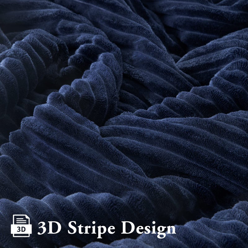 LBRO2M LBRO2M Striped Sherpa Fleece Bed Blanket Twin Size  Super Soft Fuzzy Plush Warm Cozy Fluffy Microfiber Couch Throw Velvet Double Reversible Luxurious Blankets (65x90) Navy Blue  - Image 5