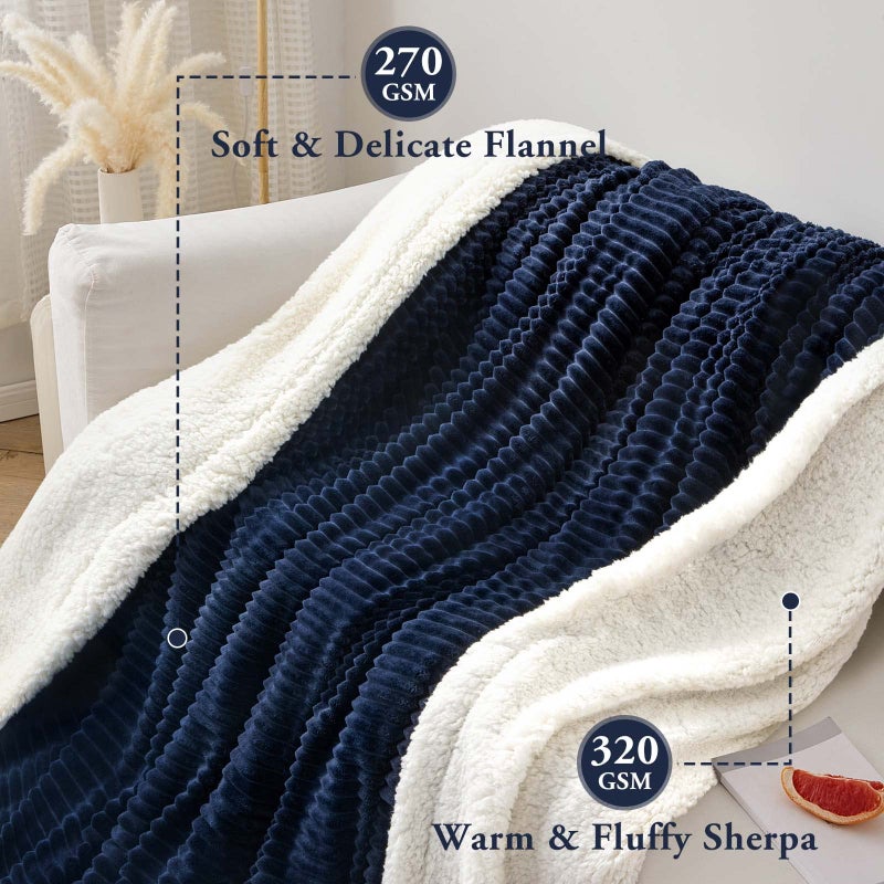 LBRO2M LBRO2M Striped Sherpa Fleece Bed Blanket Twin Size  Super Soft Fuzzy Plush Warm Cozy Fluffy Microfiber Couch Throw Velvet Double Reversible Luxurious Blankets (65x90) Navy Blue  - Image 3