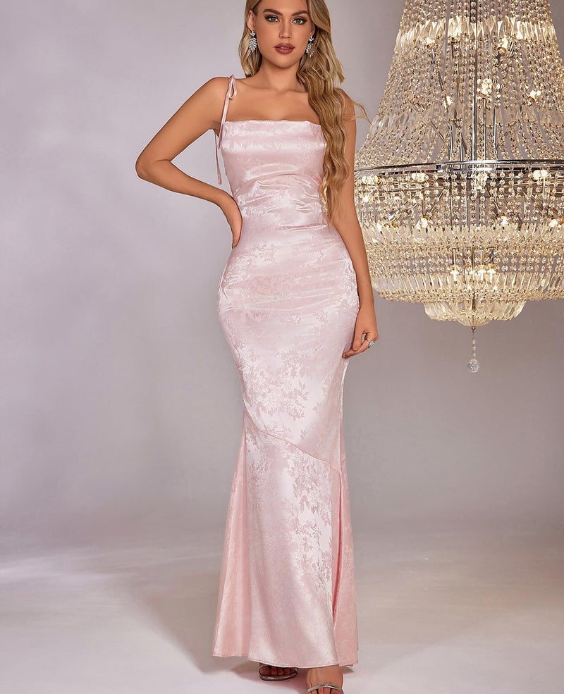 GLNEGE Women's Satin Formal Wedding Guest Maxi Dress Elegant Spaghetti Strap Lace Up Bodycon Evening Cocktail Prom Dresses Pink - Image 3
