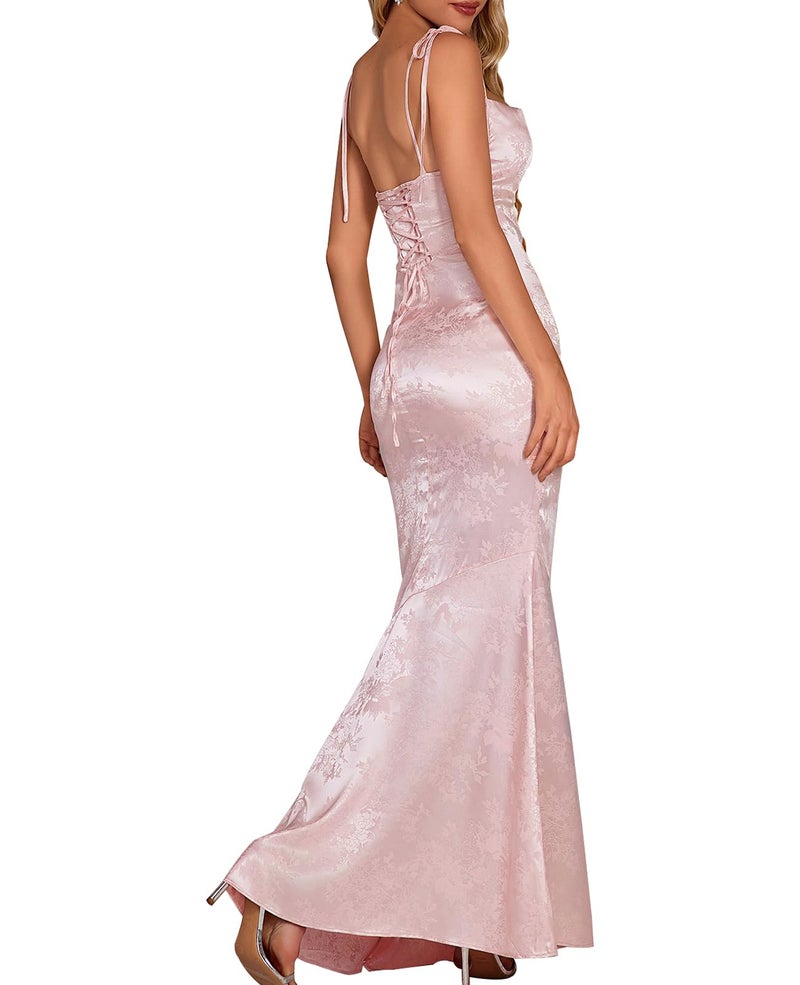 GLNEGE Women's Satin Formal Wedding Guest Maxi Dress Elegant Spaghetti Strap Lace Up Bodycon Evening Cocktail Prom Dresses Pink - Image 1