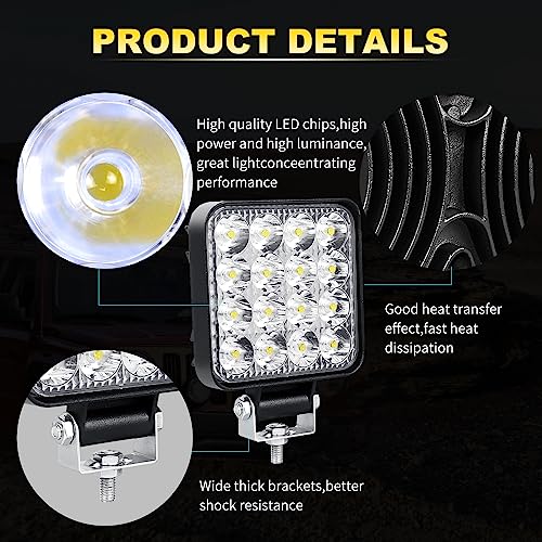 SKYWORLD led lights Offroad, 10pcs 3.34 inch 48W Square Spot Mini Driving Fog Light Work Lamp 12V 24V for Car Trucks 4x4 SUV ATV Tractors Excavator Boats Lighting, 6000K White - Image 3